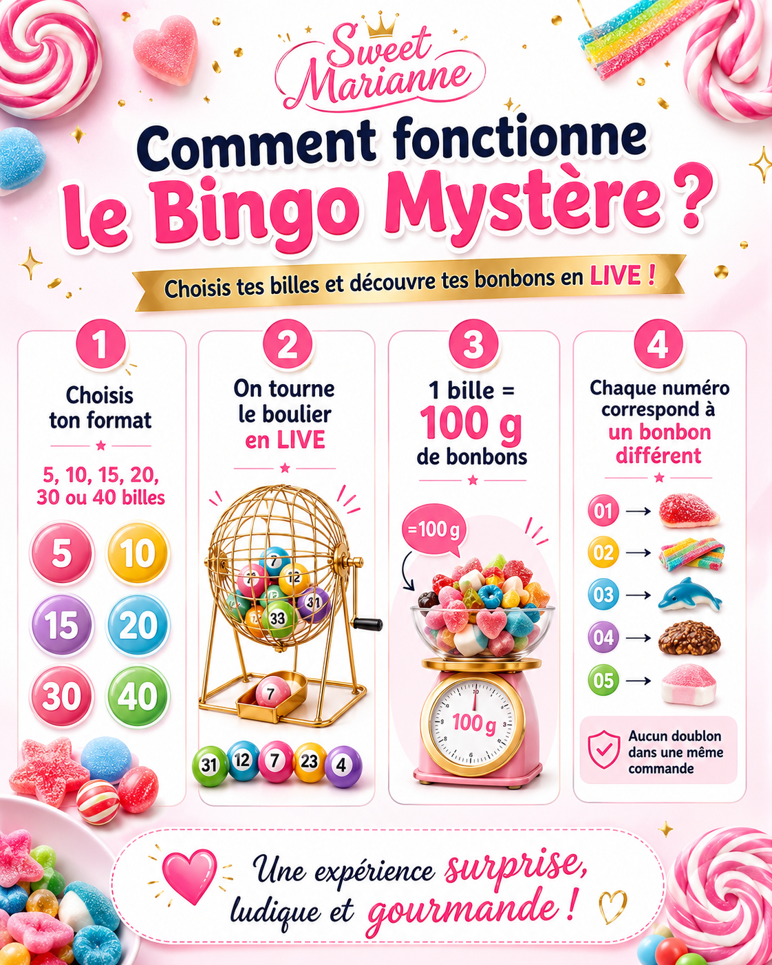 Jeu du bingo - Bonbons mystères : Choisis tes billes et laisse le boulier décider!